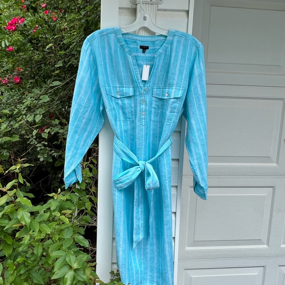 NWT Talbots Pretty Turquoise White Stripe Pocket Front Linen Midi Dress